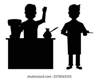 Silhouette of a Standing Barista Man Preparing Coffee