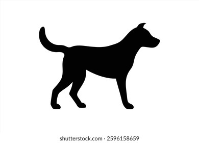 A silhouette of a standing black dog in profile is designed with clean lines and simple shapes. The dog appears alert, showcasing its posture and tail, symbolizing loyalty and companionship.