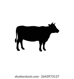 Silhouette of a standing cow in black on a white background. Minimalist vector style ideal for farming, agriculture, livestock, dairy product branding, or rural-themed graphic designs.