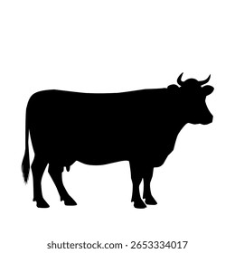 Silhueta de uma vaca em pé em vista lateral. Ilustração de animal de fazenda de vetor ideal para ícones agrícolas, rótulos, logotipos e projetos de temática rural