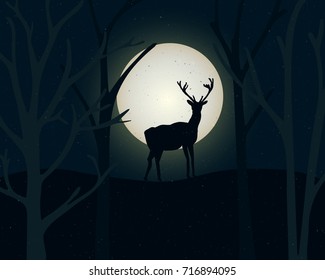 Silhouette of standing deer and trees. Night landscape with large full moon. Mystic illustration.