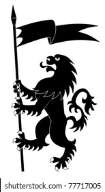 Silhouette of standing heraldic lion with flag