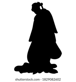 Silhouette of standing Japanese man or woman in kimono. Traditional style.