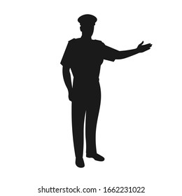 Silhouette of a standing male airline or airplane pilot welcoming people on board. Smiling plane captain or crew or commander. Airline uniform - Simple vector icon sign or symbol illustration.