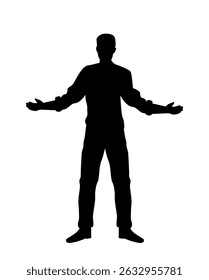 Silhouette of a standing man with arms open wide, casual posture, black graphic style on white background. Concept of welcoming or expressing openness. Vector illustration