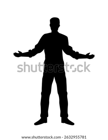 Silhouette of a standing man with arms open wide, casual posture, black graphic style on white background. Concept of welcoming or expressing openness. Vector illustration