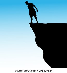 Silhouette of standing man on cliff, vector