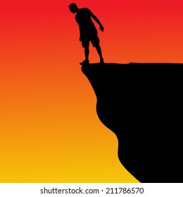 Silhouette of standing man on cliff, vector 