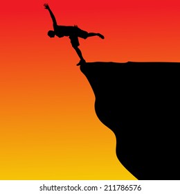 Silhouette of standing man on cliff, vector 