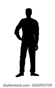 Silhouette of a standing man with one hand on hip and the other relaxed by side, black vector style on white background. Concept of confidence and posture. Vector illustration