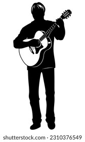 Silhouette of standing man playing on acoustic guitar. Vector clipart isolated on white.