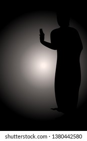 Silhouette standing Siddhartha gautama with monochrome glowing background