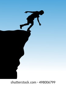 Silhouette of standing woman on cliff, vector