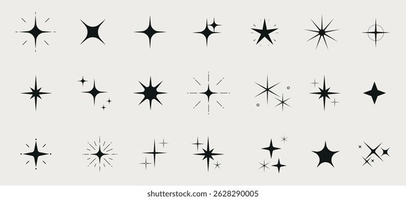 Ícone de estrelas de silhueta, símbolos de forma de estrela cintilante. Elementos geométricos modernos, ícones de estrelas brilhantes.