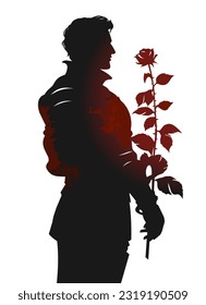 Silhouette of a stately man with a rose. Gallant gentleman with a rose on a high stem. Vector illustration