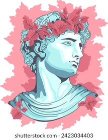 Silhouette of a statue of Apollo shoulder-length view in blue color on his head with a floral wreath of maple leaves on a pink natural background, flat vector