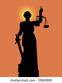 Silhouette of a statue of justice on an orange background