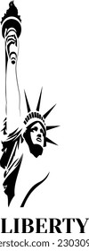 Silhouette of the Statue of Liberty in  black with the caption "LIBERTY".  A symbol or emblem of freedom. Symbol or emblem of America.