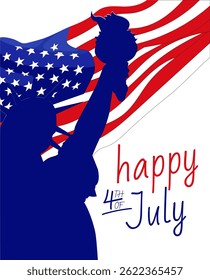 A silhouette of the Statue of Liberty holding an American flag, with "happy 4th July" text below. Perfect for Independence Day designs.