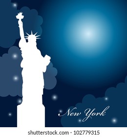 silhouette statue of liberty at night with moon. vector illustration