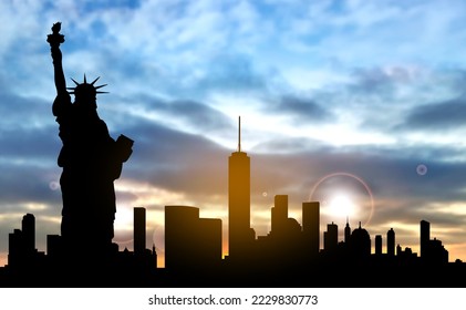 Silhouette of the Statue of Liberty over the scene of New york cityscape on a sunset. EPS10 vector