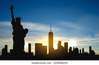 Silhouette of the Statue of Liberty over the scene of New york cityscape on a sunset. EPS10 vector