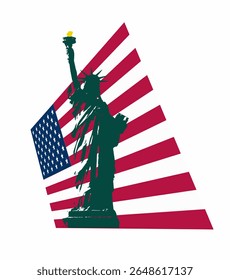 Silhouette of the Statue of Liberty with stylized red stripes and flag element, symbolizing American freedom, independence, and national pride.