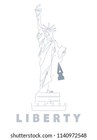 Silhouette, Statue of Liberty. USA, poster. Gray and white line drawing. Symbol of America. Illustration, white background. Use presentations, corporate reports, text, emblems, labels, logo, vector