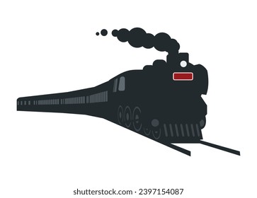 Silhouette of steam locomotive hauling passenger train. Simple illustration in perspective view.