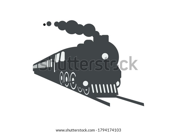 Silhouette of steam locomotive hauling\
passenger train. Simple illustration in perspective\
view.