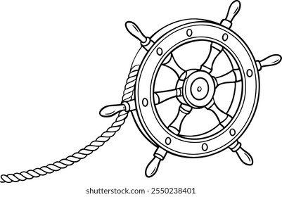 silhouette of Steering wheel tied with rope, Hand drawn ship helm sketch vector, boat rope handwheel, ship wheel helm.