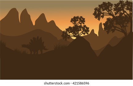 silhouette of stegosaurus in hills with brown backgrounds