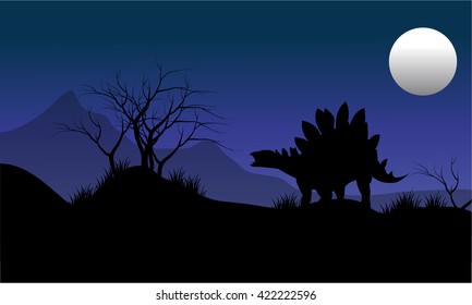 Silhouette of stegosaurus with moon scenery at the night