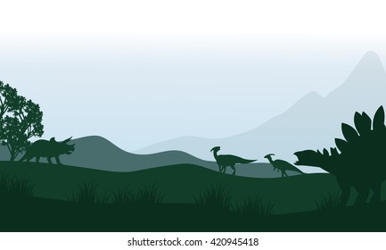 Silhouette of stegosaurus and parasaurolophus in fields beautiful scenery