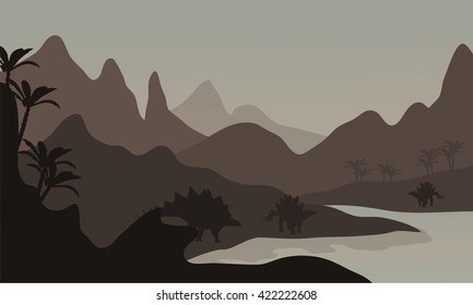 Silhouette of stegosaurus in riverbank with brown backgrounds