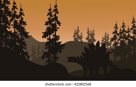 Silhouette of stegosaurus and spruce with brown backgrounds