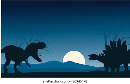 Silhouette of stegosaurus and T-Rex with moon