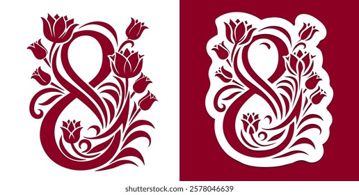 Silhouette and stencil of decorative figure eight decorated with tulip flowers for decorating, sublimation and cutting out