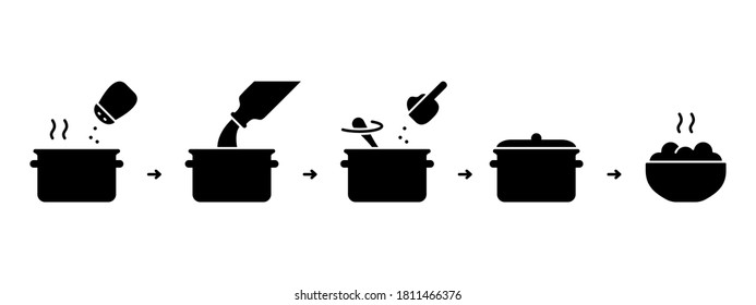 Silhouette steps for cooking ready-made food from flakes on stove. Instant mashed potatoes instruction. Outline icon of saucepan with boiling water, salt, milk, dry mix. Black flat vector illustration