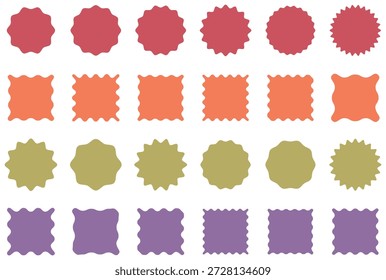 Silueta pegatinas círculo, cuadrado con zigzag. Conjunto de Zigzag y Formas de colores. Coloridas Formas en zigzag. Conjunto de marco de borde ondulado. 