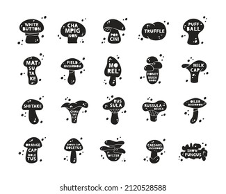 Silhouette stickers set of edible mushrooms. Black icons with lettering inside and abstract spots. Hand drawn isolated illustration on white background