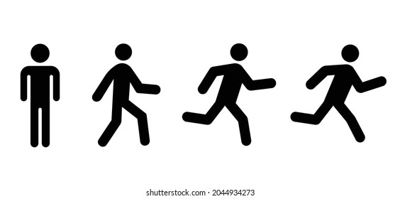 silhouette stickman icon or pictogram. Walk, Stay, run, jump sign or staying, walking, running or jumping icon. Vector man stick figure.
