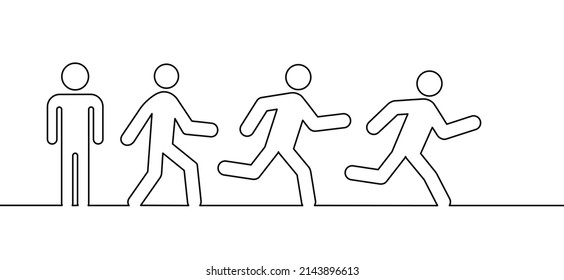 silhouette stickman icon or pictogram. Walk, Stay, run, jump sign or staying, walking, running or jumping icon. Vector man stick figure. Line pattern. Sport, marathon runners