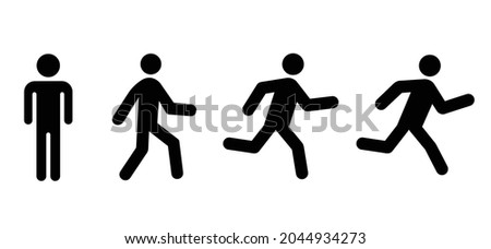 silhouette stickman icon or pictogram. Walk, Stay, run, jump sign or staying, walking, running or jumping icon. Vector man stick figure.
