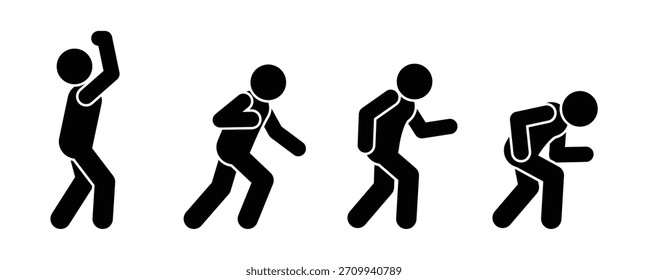 Silhouette stickman sequence showing dynamic running motion from start to sprint, isolated vector figure set on transparent background for sport and fitness design.