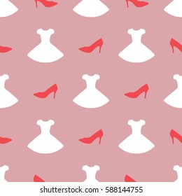 Silhouette of stilettos and dresses. Colorful seamless pattern. The design of women's clothing. Vector illustration. Purple, red, white.