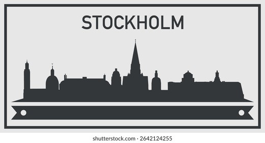 Silhouette of Stockholm city skyline with minimalistic design in black and gray color scheme and decorative ribbon for text on the bottom. Vector on a gray background