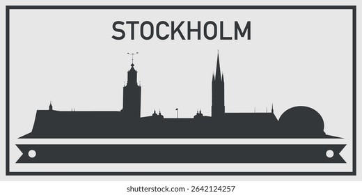 Silhouette of Stockholm city skyline with minimalistic design in black and gray color scheme and decorative ribbon for text on the bottom. Vector on a gray background