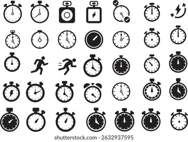 silhouette stopwatch and timer icons set. countdown, clock, deadline, schedule vector illustration