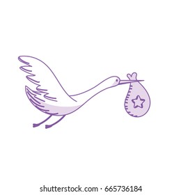 silhouette stork bird with baby in the bag